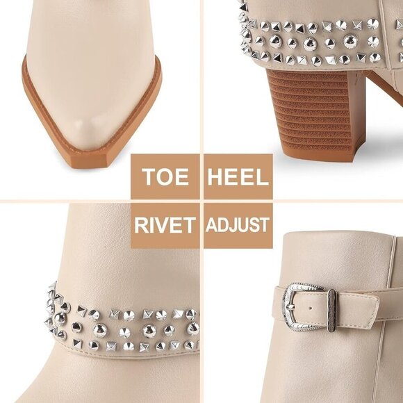 ✨ Neitivet Boots Women Cream Polyurethane (PU) Folding Chunky Heel Rivet Boots - Picture 4 of 6